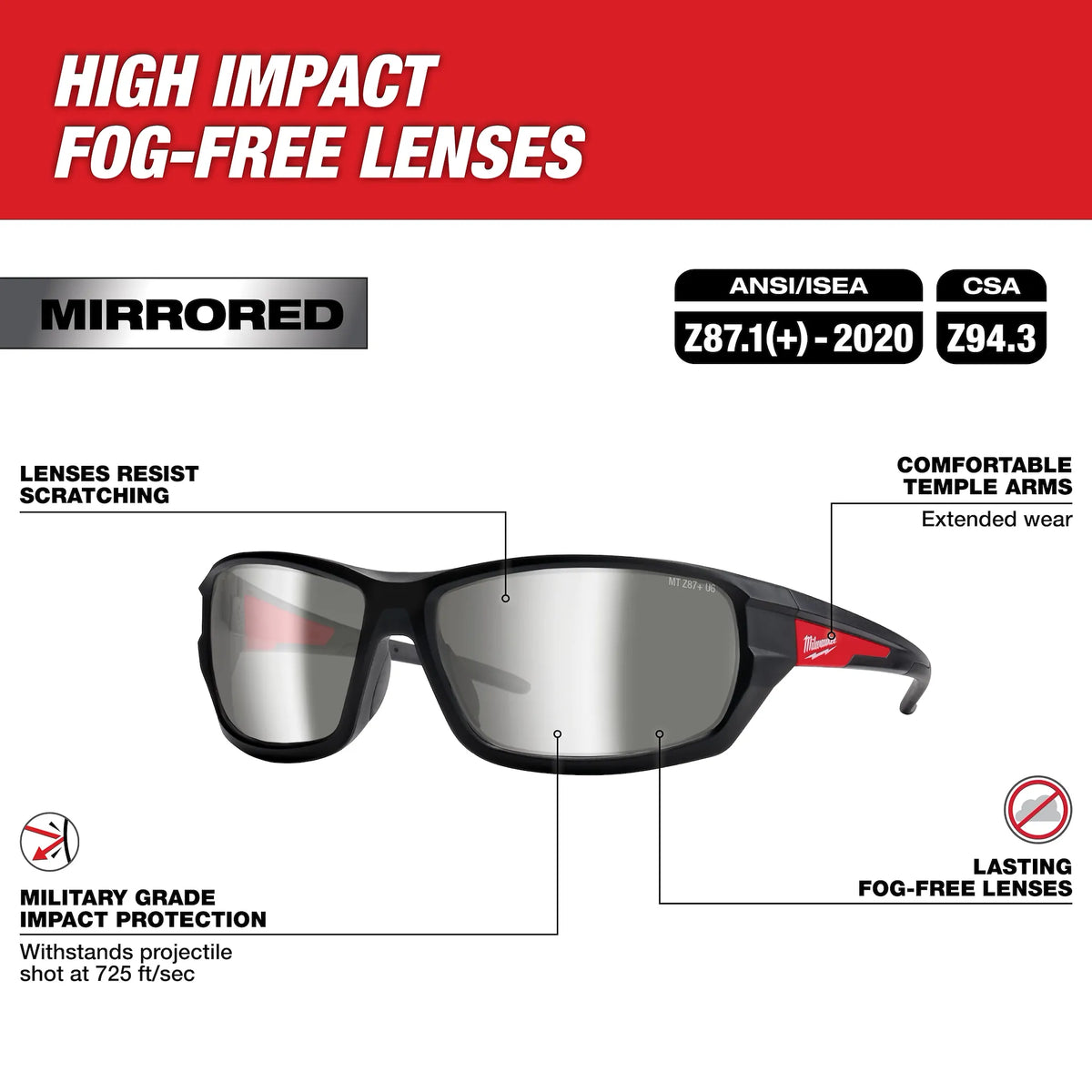 Milwaukee 48-73-2129 Performance Safety Glasses with Mirror Fog-Free Lenses