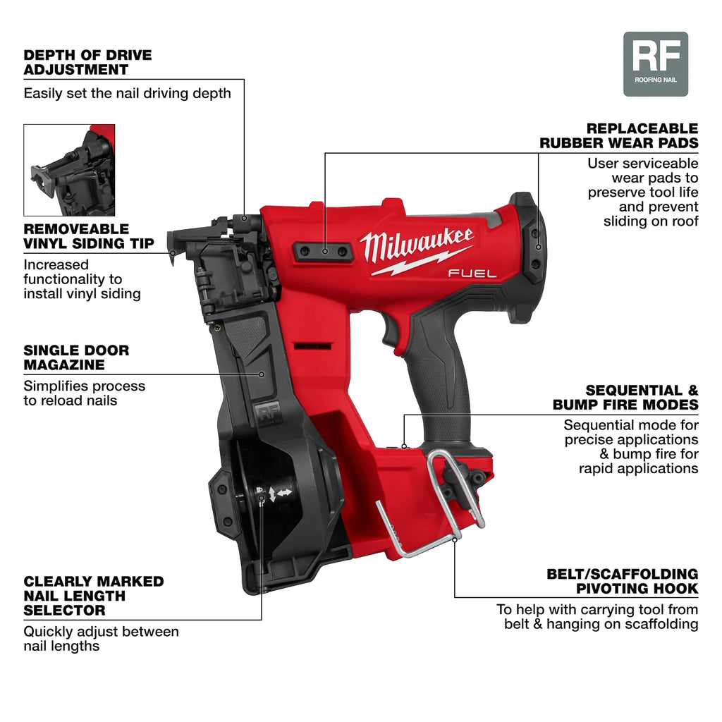 Milwaukee 2909-20 M18 FUEL Brushless Cordless Coil Roofing Nailer