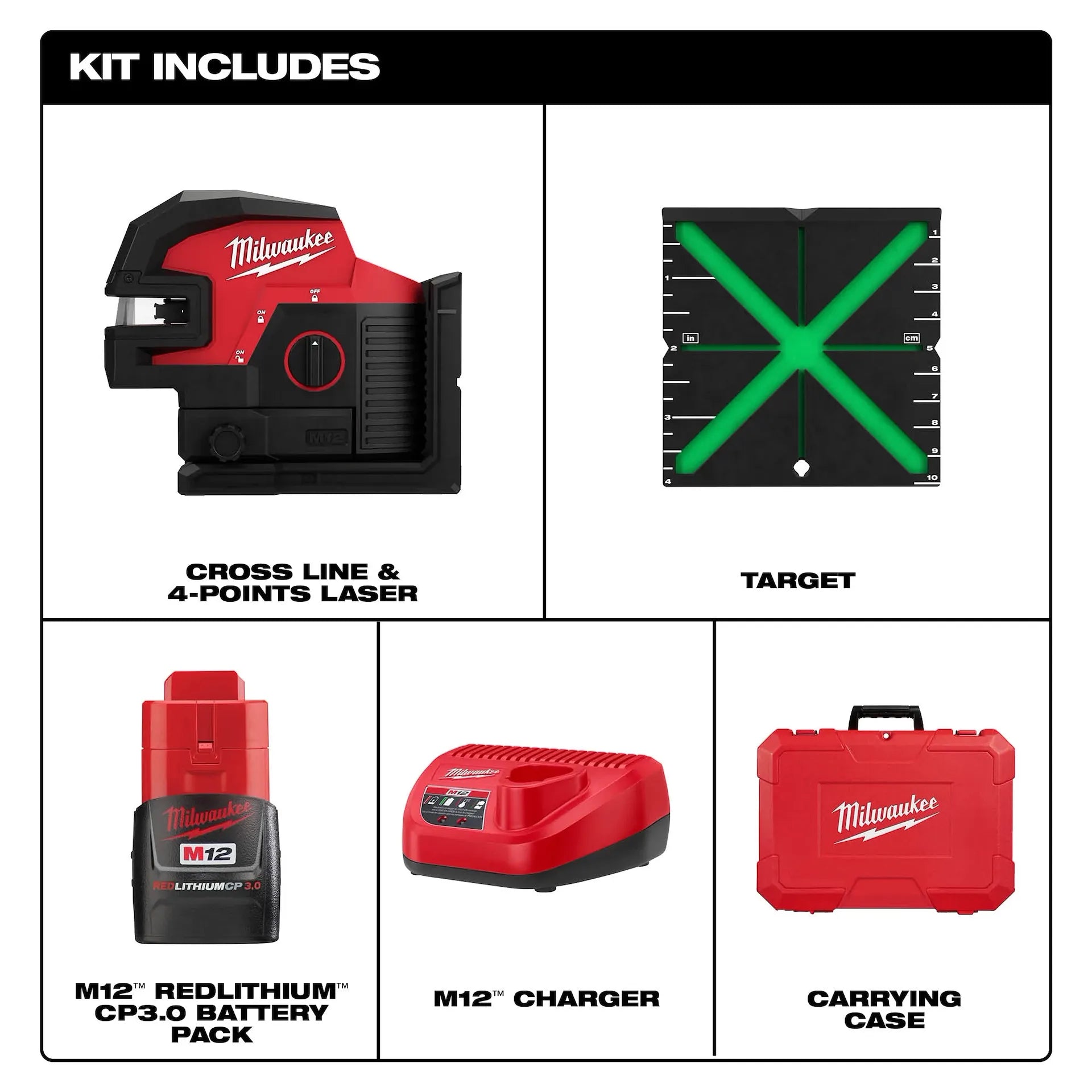 Milwaukee 3624-21 M12 Green Cross Line & 4-Points Laser Kit