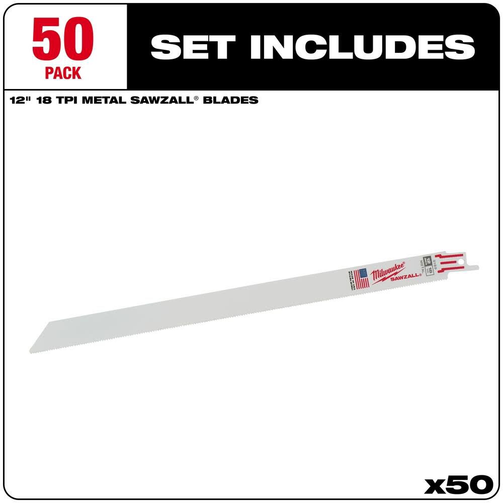 Milwaukee 48-01-6189 12 in. 18 TPI Thin Kerf SAWZALL Blades 50CT