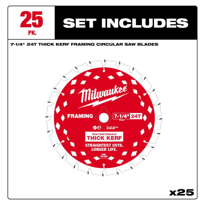 Milwaukee 48-40-2740 7-1/4" 24T Thick Kerf Framing Circular Saw Blade 25 PK