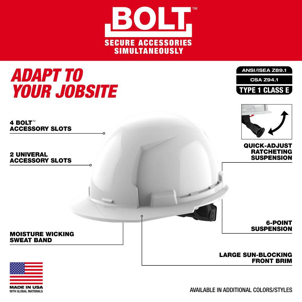 Milwaukee 48-73-1120 White Front Brim Hard Hat with 6PT Ratcheting Suspension