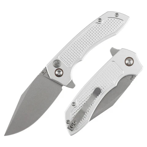 Tenable Knives Entity Button Lock Knife Silver Checkered Aluminum (3.5" SW)