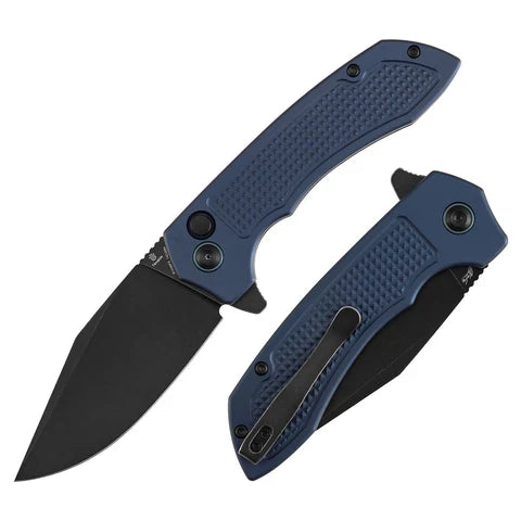 Tenable Knives Entity Button Lock Knife Blue Checkered Al (3.5" Black SW)