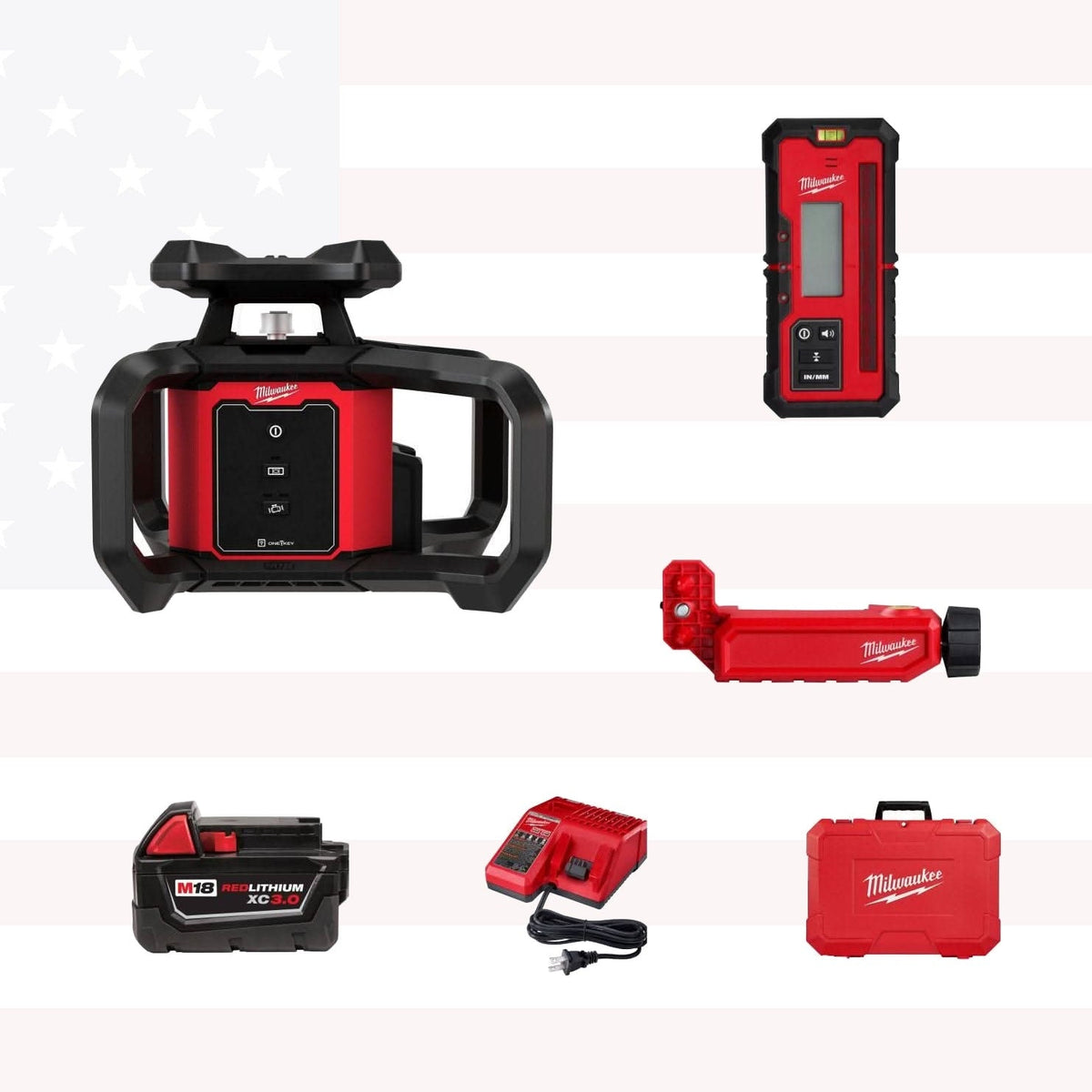 Milwaukee 3701-21 M18 Red Exterior Rotary Laser Level Kit w/ Receiver