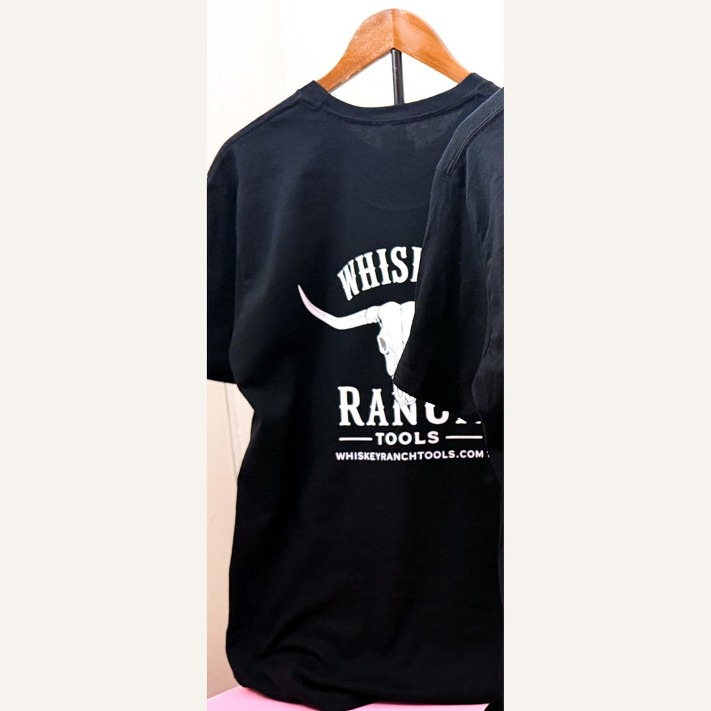 Whiskey Ranch Tools black T-shirt, back with large white logo