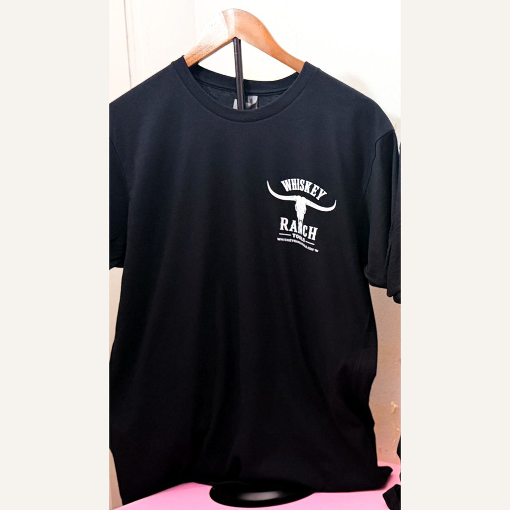 Whiskey Ranch Tools black T-shirt, front with white left chest logo