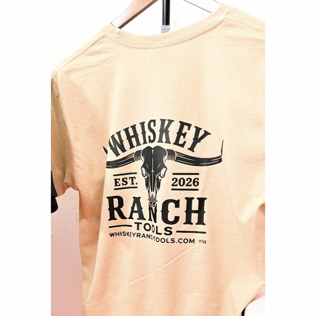 Whiskey Ranch Tools tan T-shirt, back with large black logo