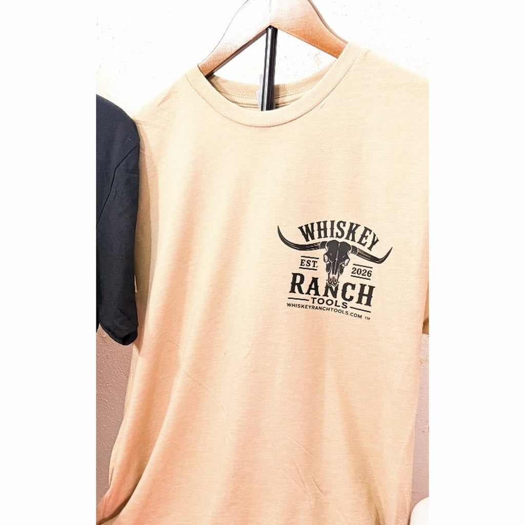 Whiskey Ranch Tools tan T-shirt, front with black left chest logo