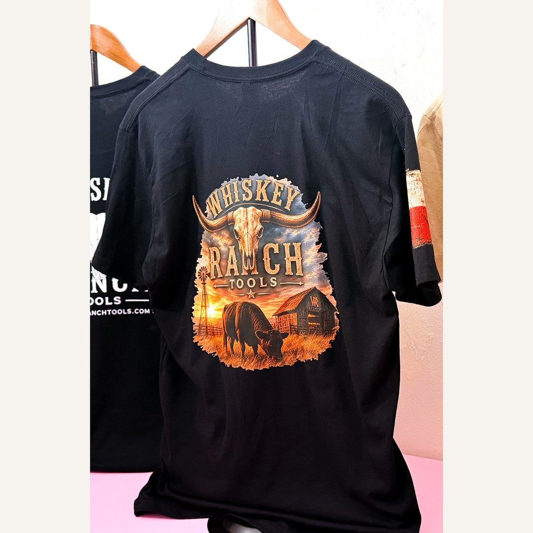 Whiskey Ranch Tools Barn and Bull black T-shirt, back with copper barn and bull print