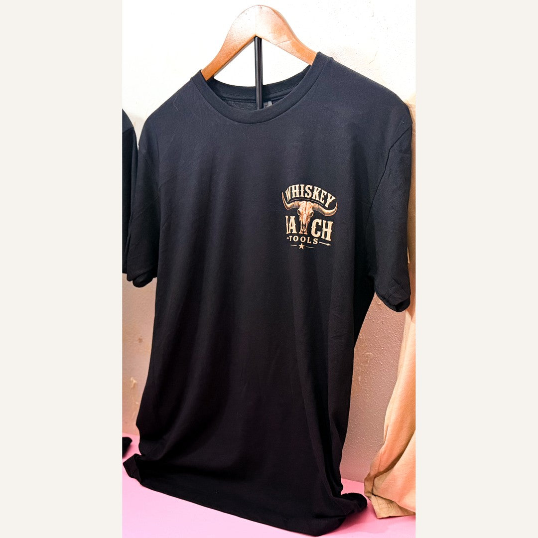 Whiskey Ranch Tools Barn and Bull black T-shirt, front with copper left chest logo